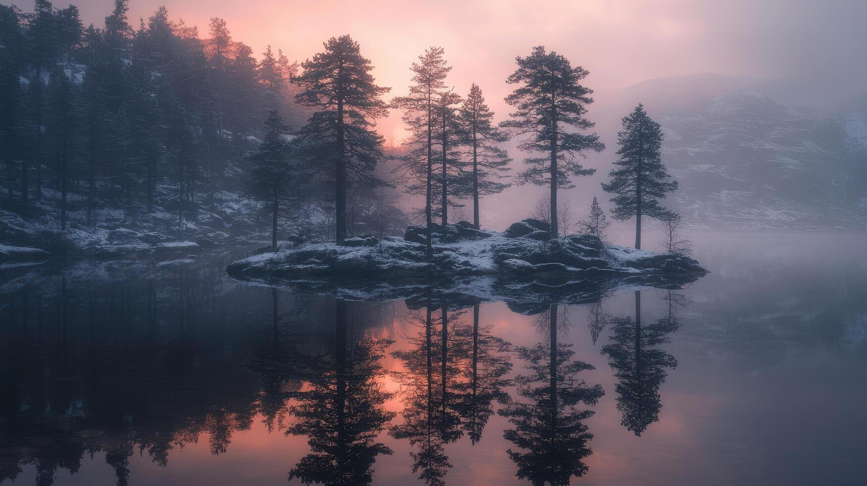 Serene Winter Sunrise Misty Lake Snow Covered Island and Pine Trees Reflecting photo
