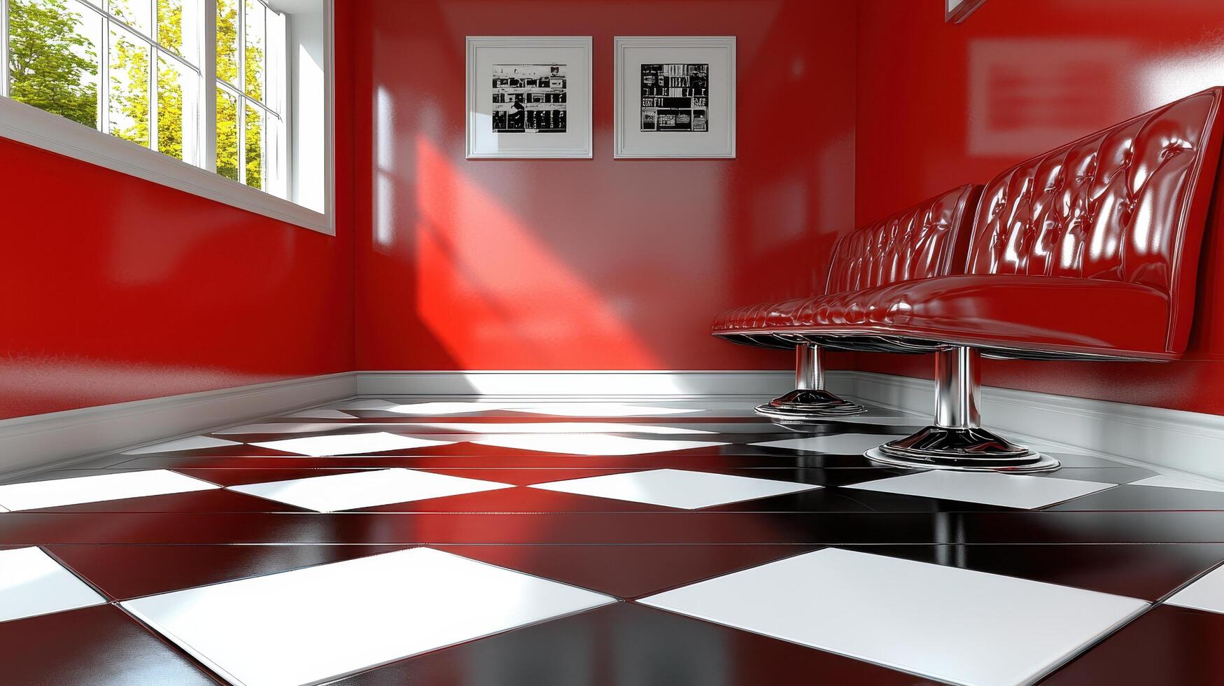 Red Room Interior Design Modern Red Chairs Black and White Checkered Floor and Window View photo