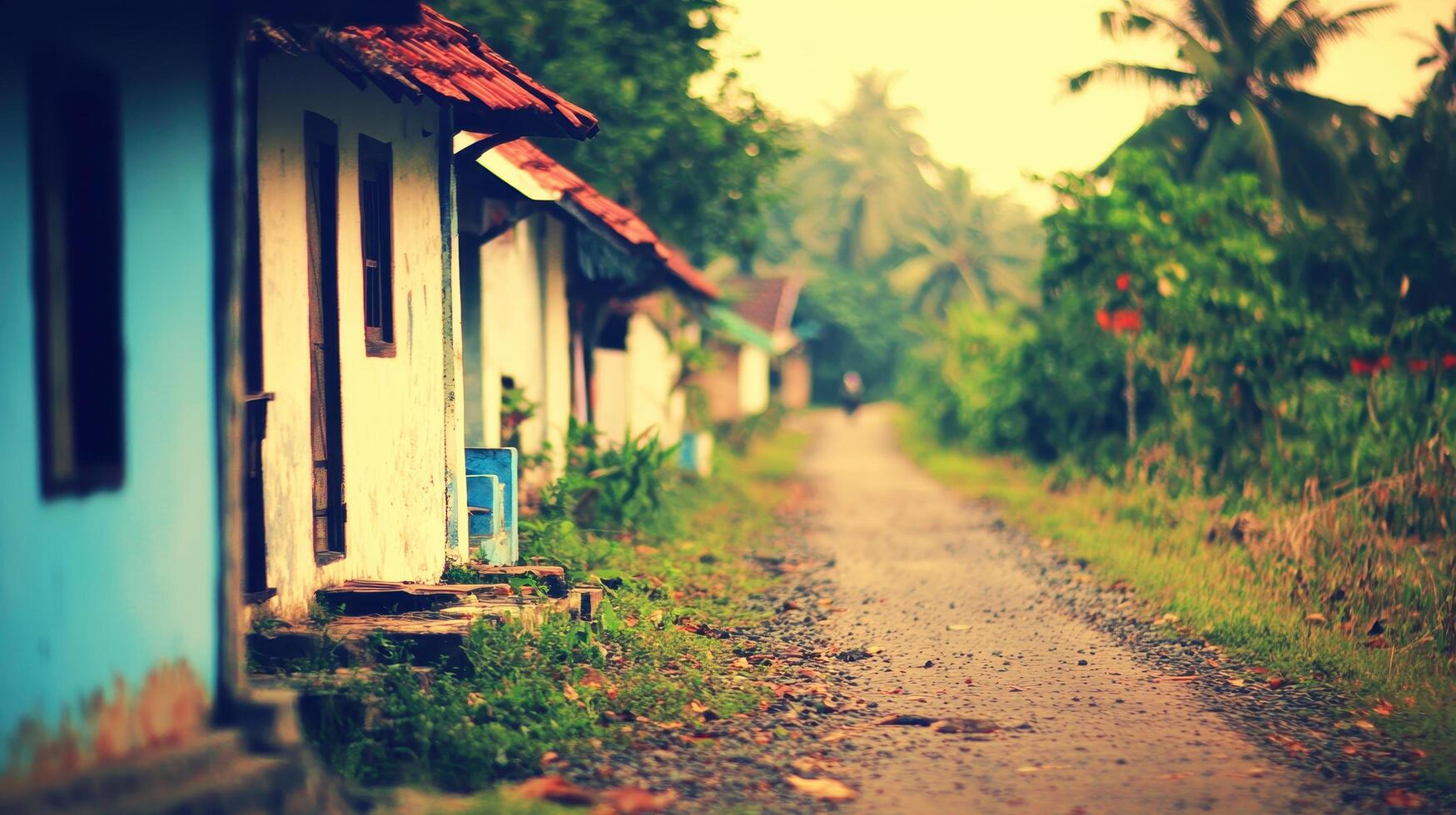 Picturesque Rural Village Path Houses Tropical Foliage and a Dusty Road photo