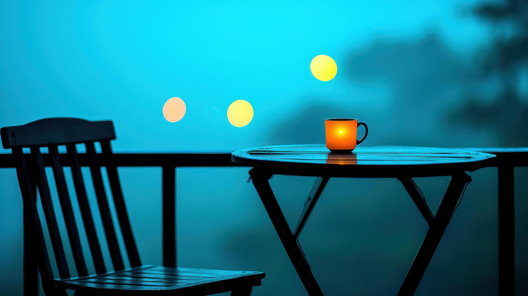 Serene Evening Illuminated Mug on Balcony Table with Chair and City Lights photo