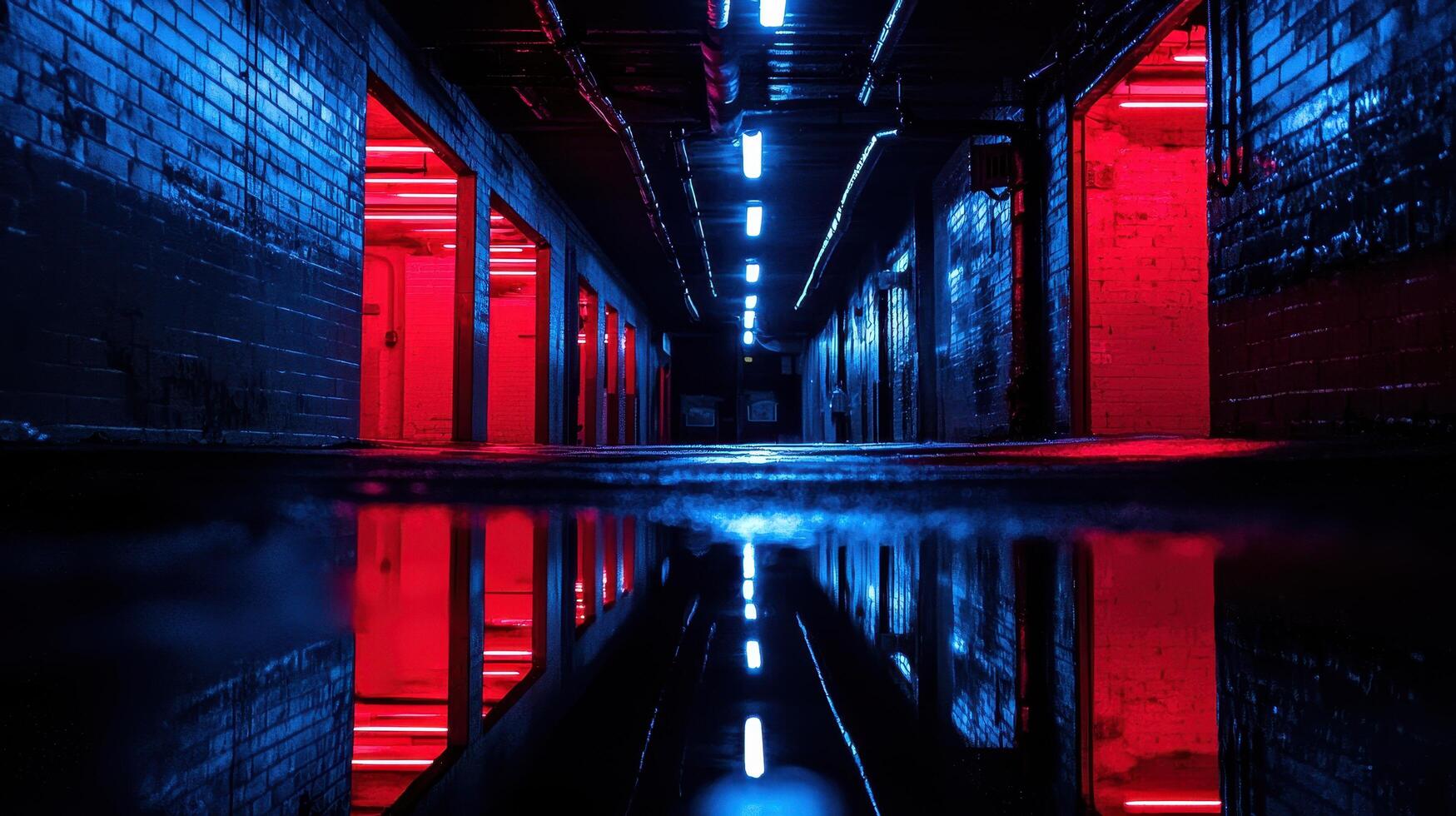 Neon lit Brick Corridor Reflecting in Water Dark Urban Alleyway Cyberpunk Scene photo