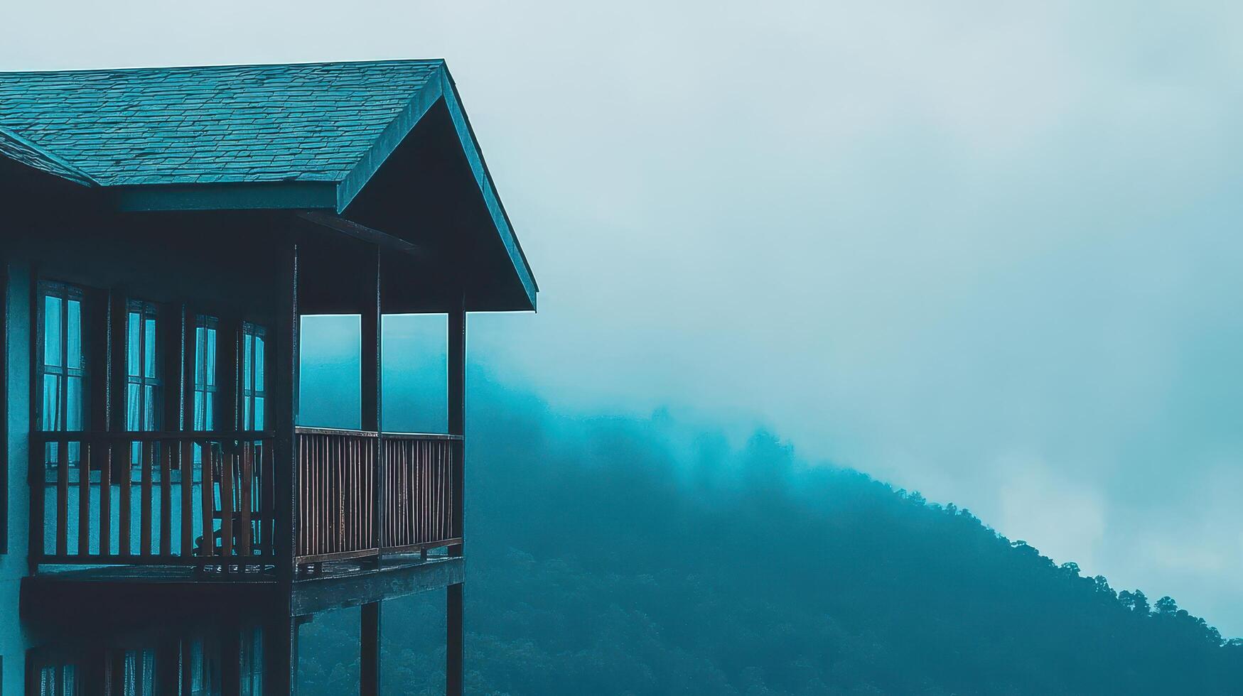 Misty Mountaintop Cabin with Balcony Overlooking Foggy Landscape photo