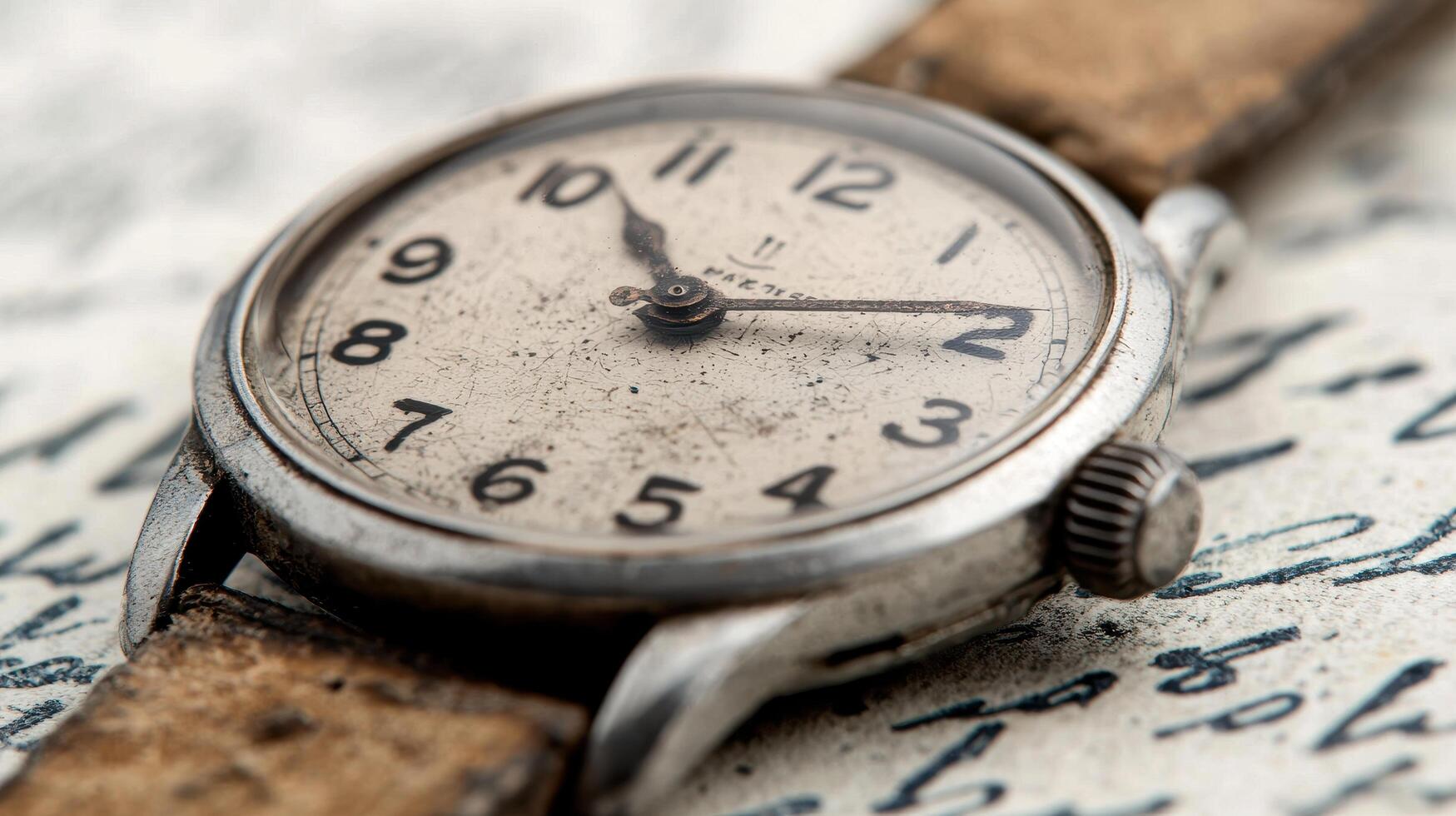 Vintage Wristwatch Close up Aged Leather Strap Antique Timepiece Detailed Dial photo