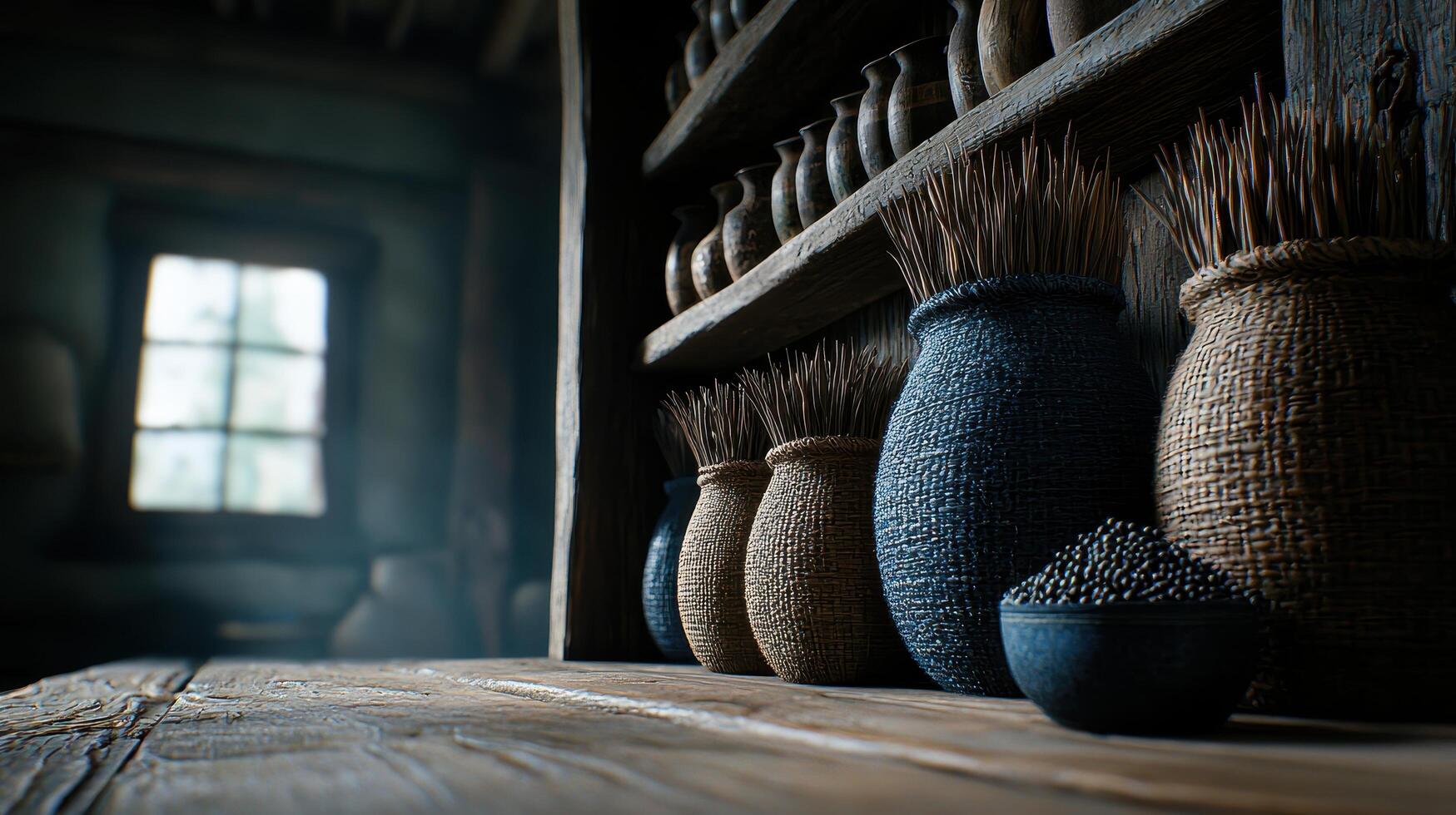 Rustic Wooden Shelf with Woven Baskets Jars and Seeds in a Dark Room photo