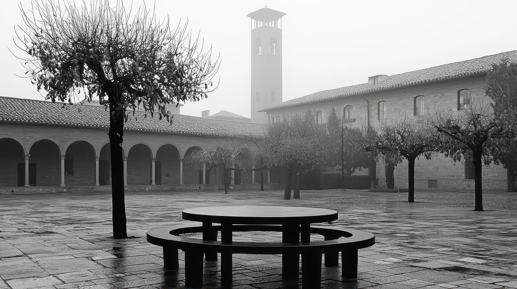 Foggy Monastery Courtyard with Stone Table and Trees Peaceful Autumn Scene photo