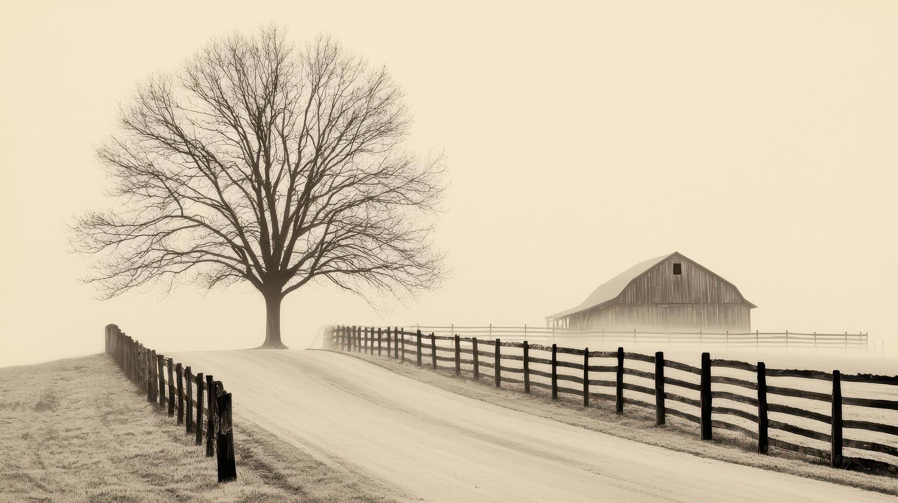 Serene Foggy Countryside Rustic Barn Leafless Tree and Fence on a Misty Morning photo