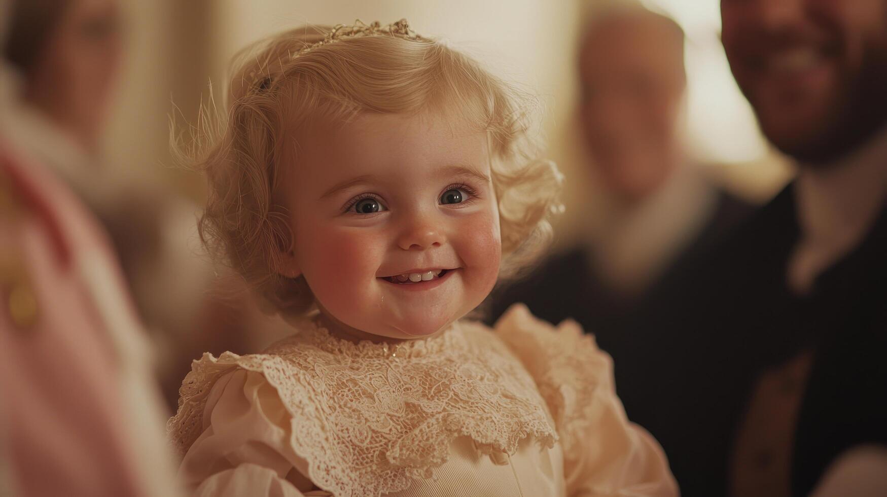 Adorable Toddler Girl in Elegant Lace Dress Smiling at Wedding Reception photo