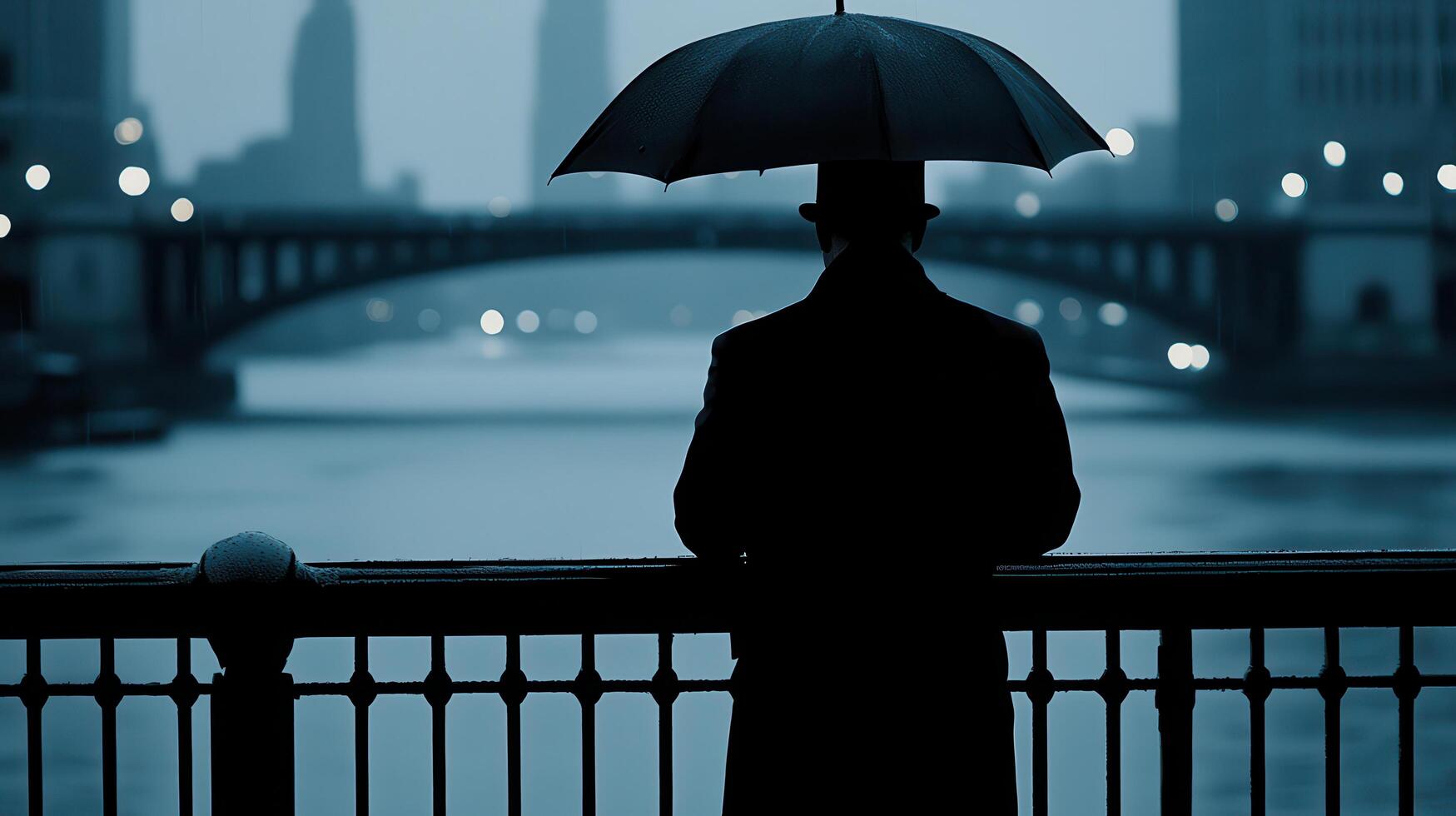 Silhouetted Man in Top Hat Raincoat Umbrella at Night Cityscape photo