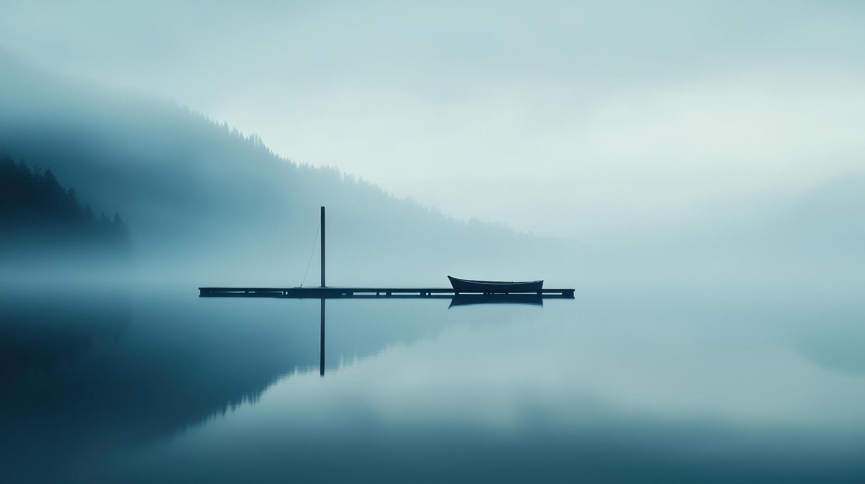 Serene Misty Lake Boat on Dock Foggy Mountain Landscape Tranquil Scene photo