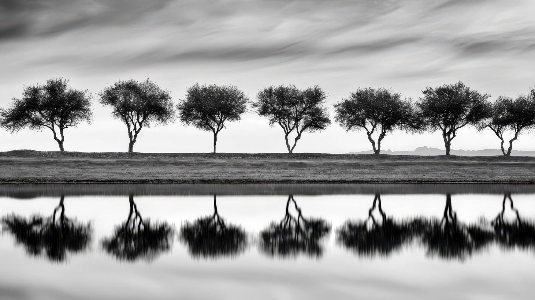 Serene Black and White Landscape Seven Trees Mirrored in Still Water photo