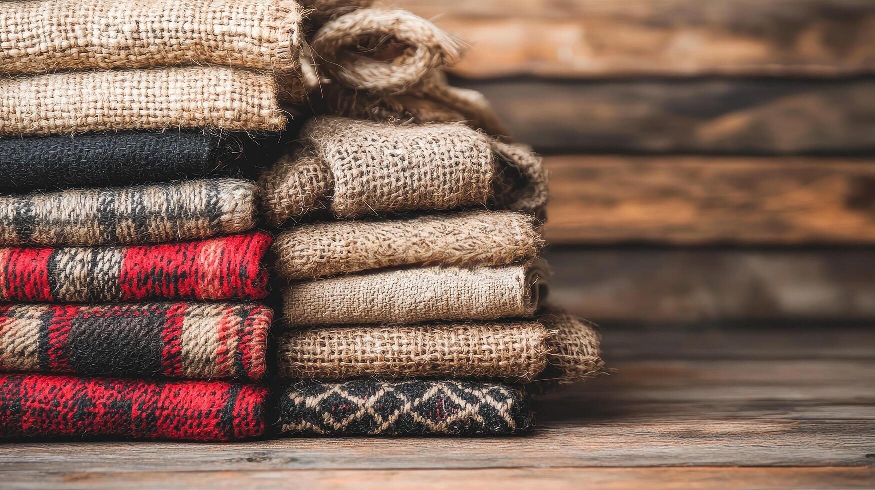 Stack of Rustic Burlap and Plaid Fabrics on Wooden Surface Autumnal Textures photo
