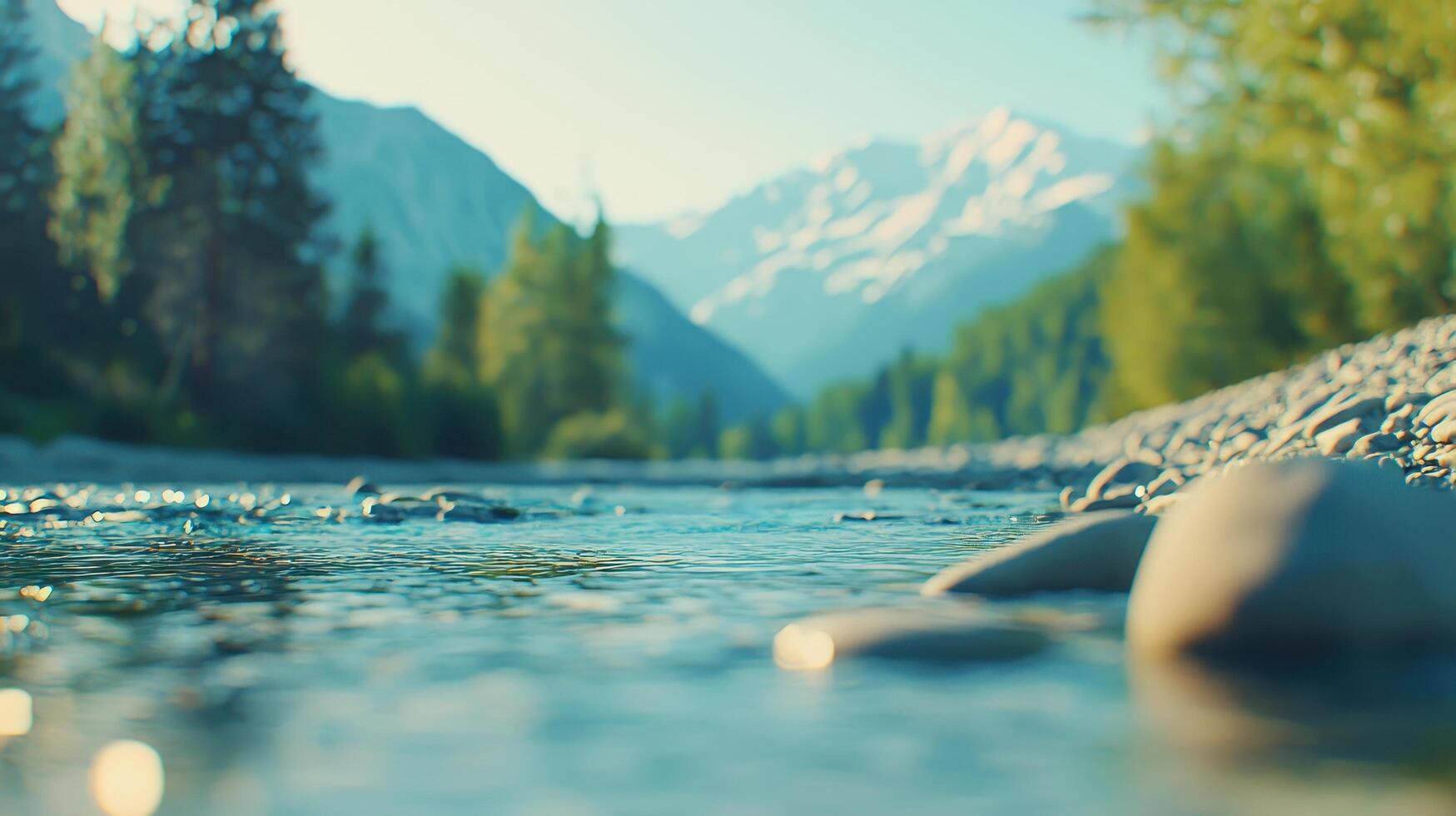 Serene Mountain River Calm Water Flowing Over Smooth Pebbles Stunning Landscape photo