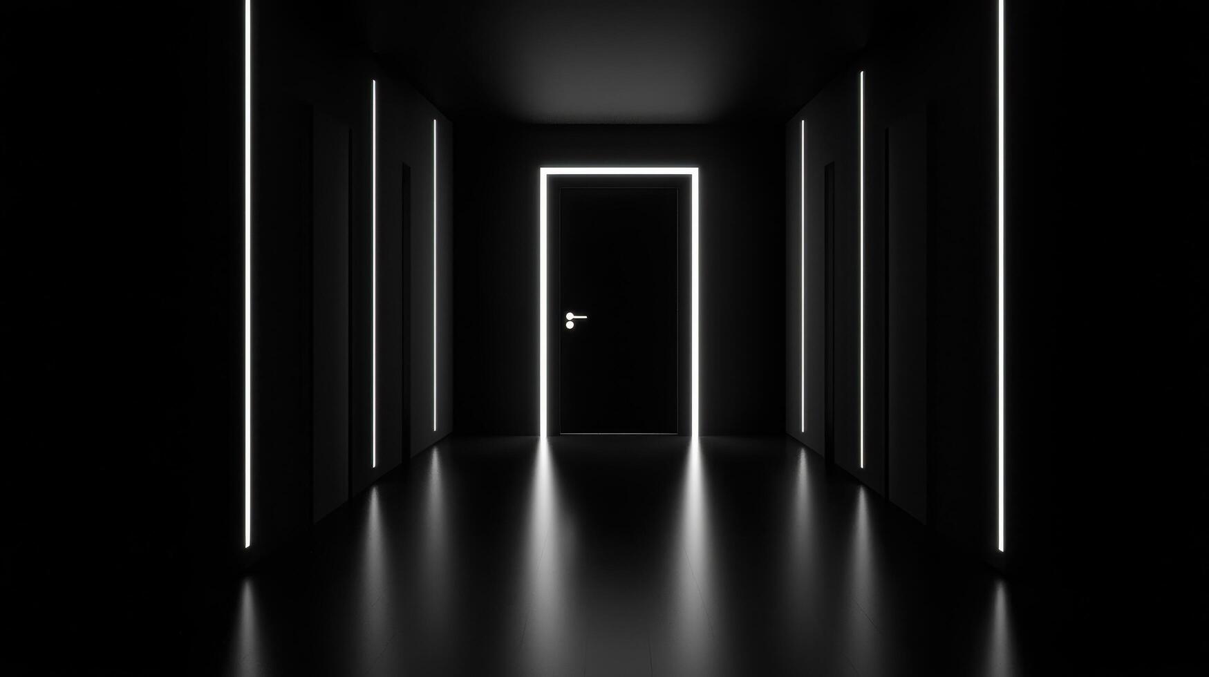 Dark Corridor with Glowing LED Lights Black Door Futuristic Interior Design photo