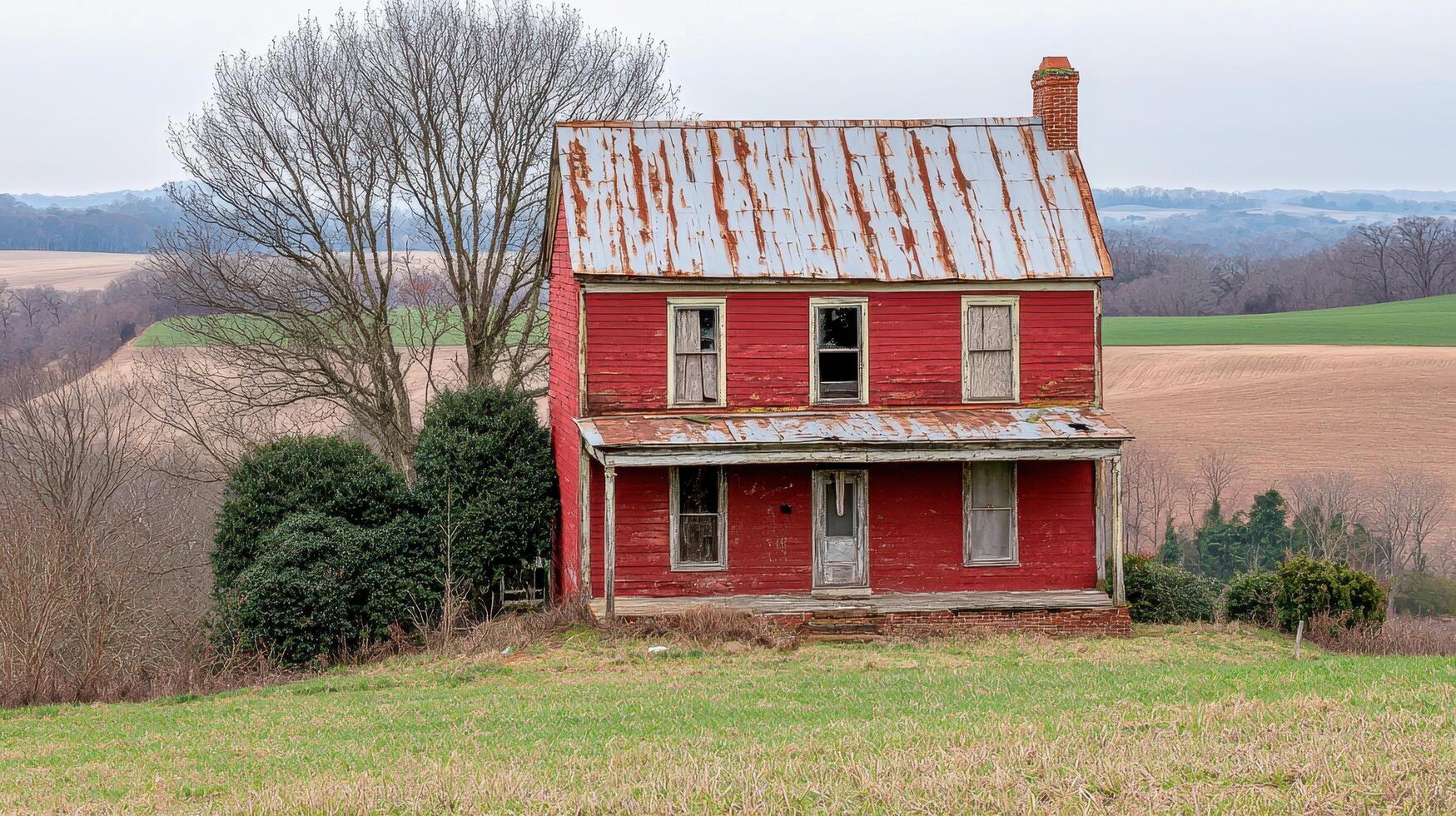Rustic Red Abandoned Farmhouse in Rolling Countryside Landscape photo