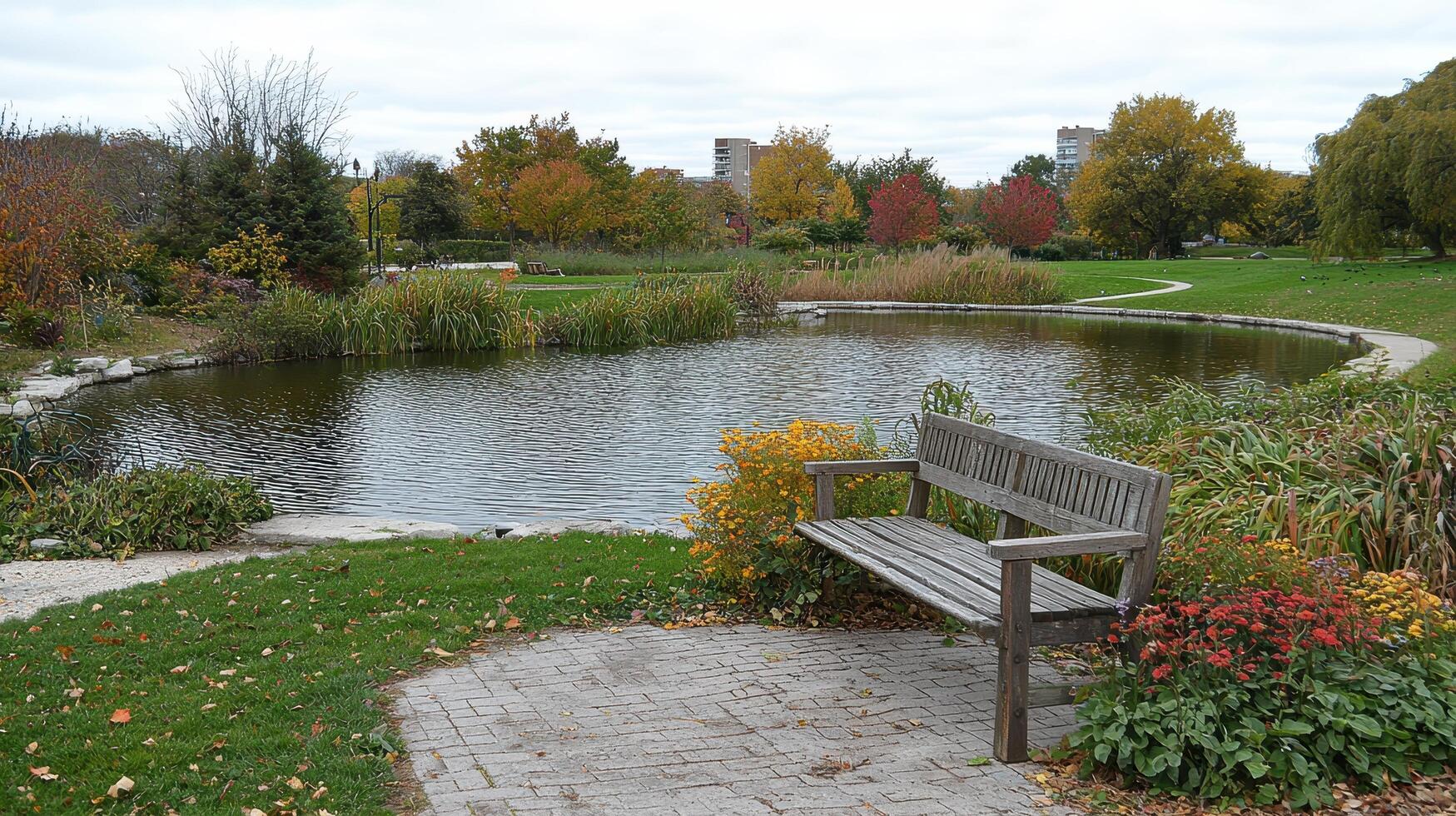Serene Autumn Park Scene Wooden Bench by Pond Colorful Fall Foliage photo