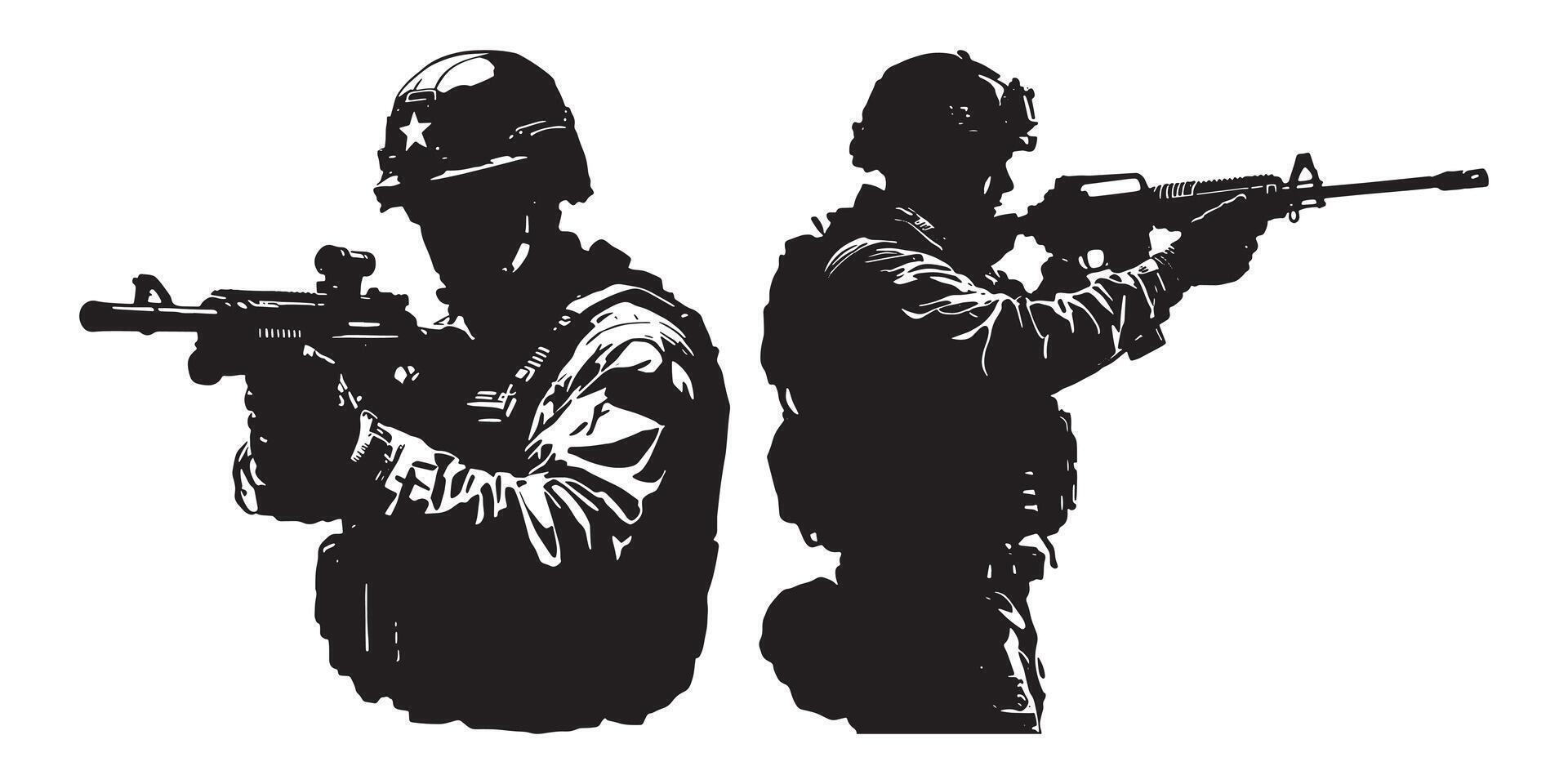 Silhouette set of American soldier holding a gun. On white background vector