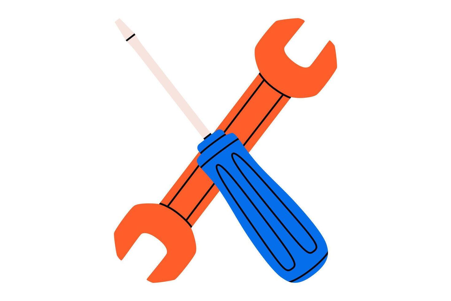 Hand drawn cute cartoon illustration of wrench and screwdriver instrument. Spanner and turn screw. Flat repair tool doodle. Support service hardware icon. Settings or fix problem. Isolated. vector