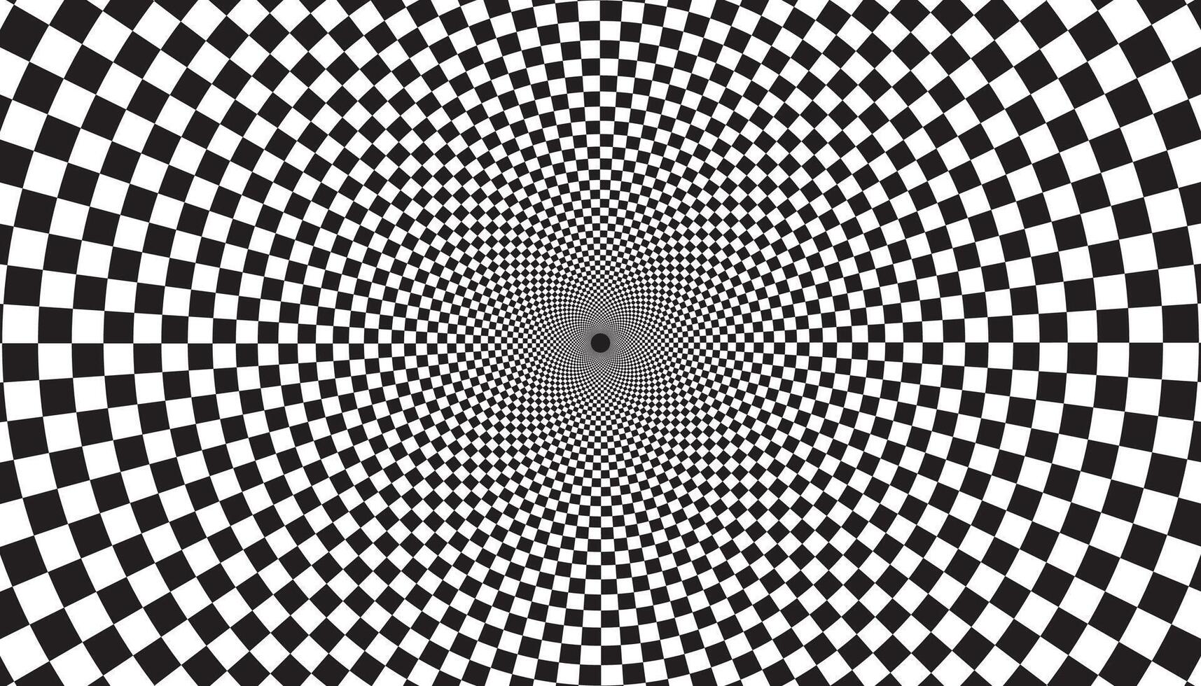 Optical checkered spiral illusion background. Magic swirl illusions card. vector