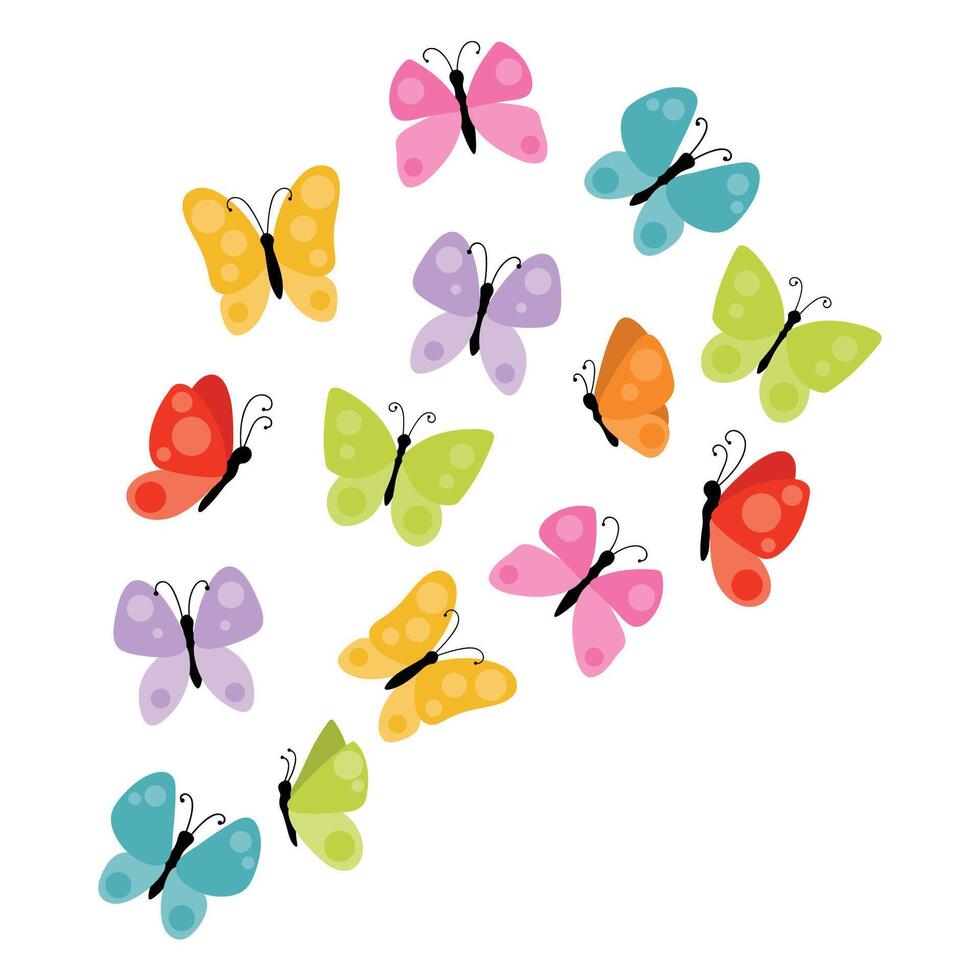 Group of butterflies in flight. Composition of colorful tropical insects flying. Butterfly collection isolated on white background. vector