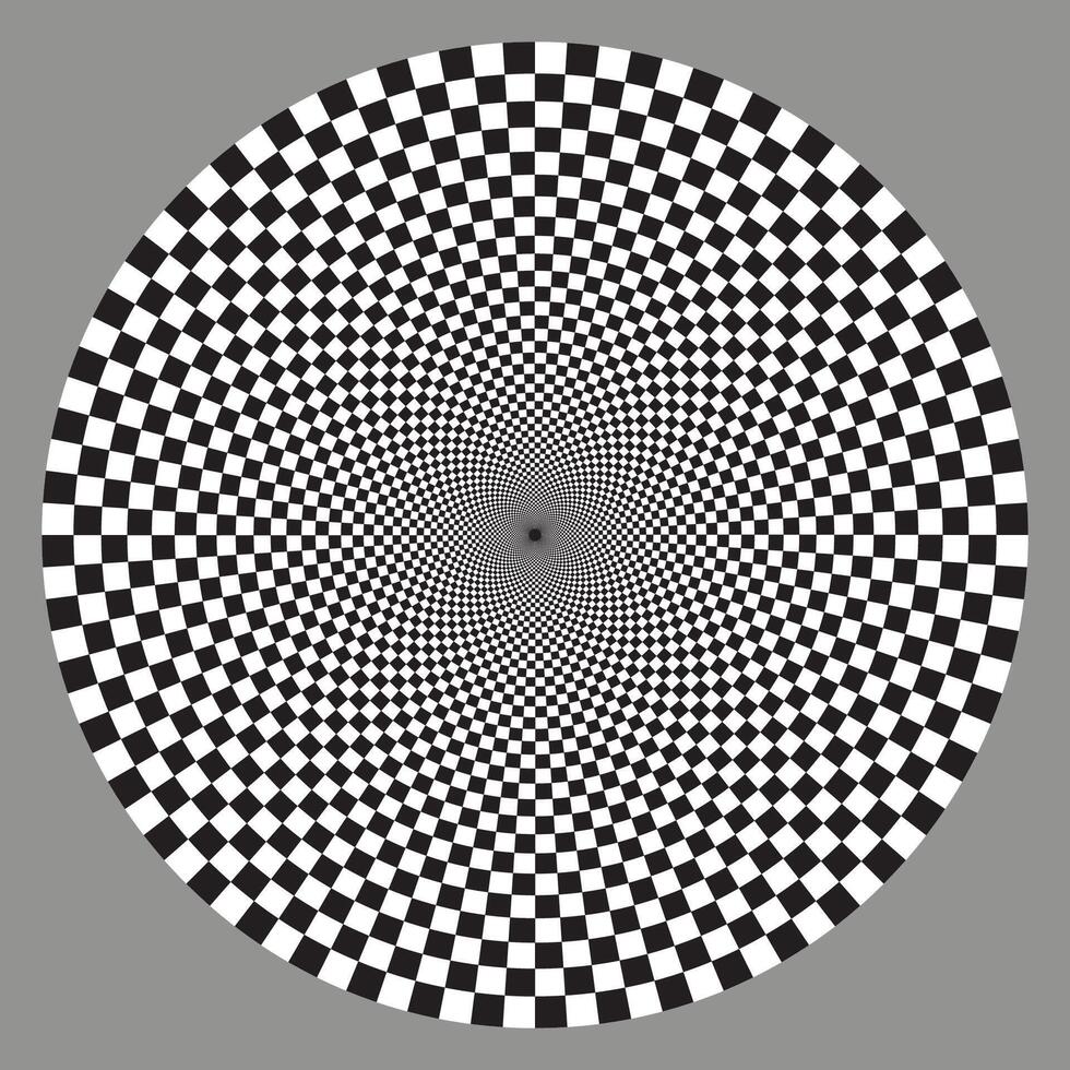 Round checkered design element isolated on white background. Optical spiral illusion pattern. vector