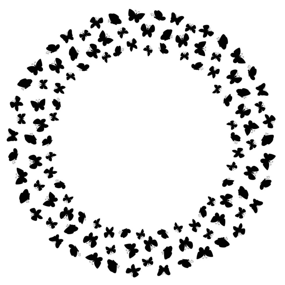 Cute butterflies silhouette round frame. Flying summer insects round border isolated on white background. vector
