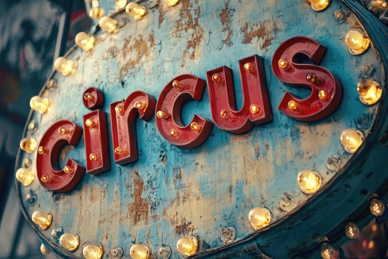 Vintage circus sign illuminating entertainment and nostalgia on weathered background. photo