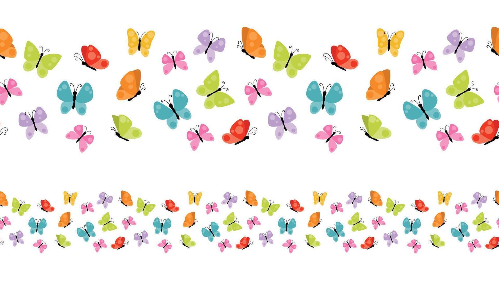Cute colorful spring or summer butterflies seamless border isolated on white background. Summer flying insects vector