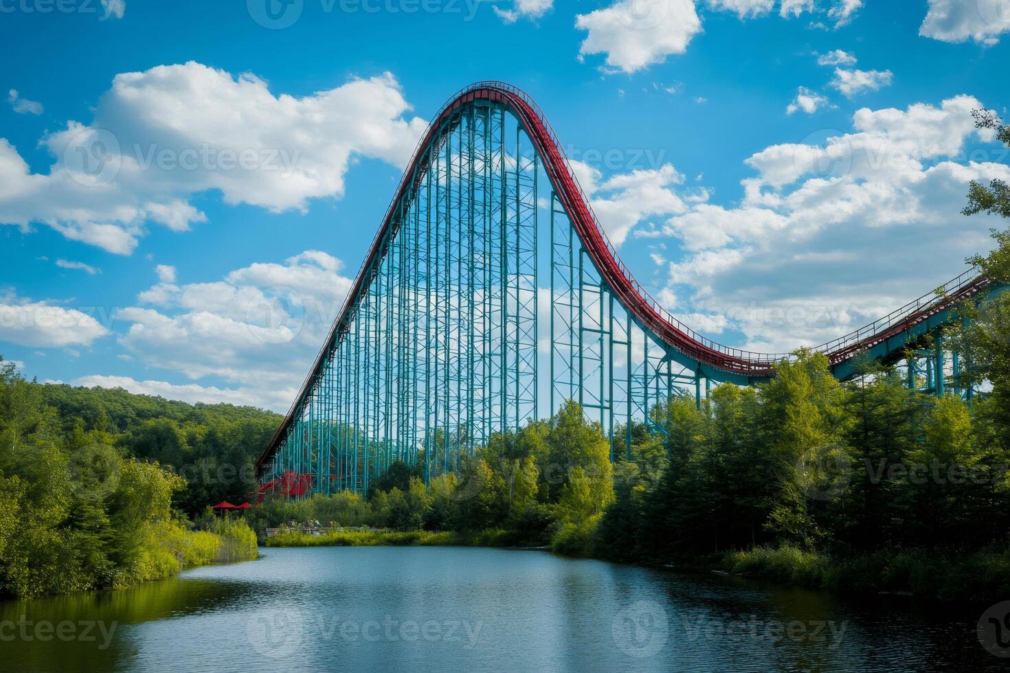 Red rollercoaster track climbing high in amusement park with lake and green trees photo