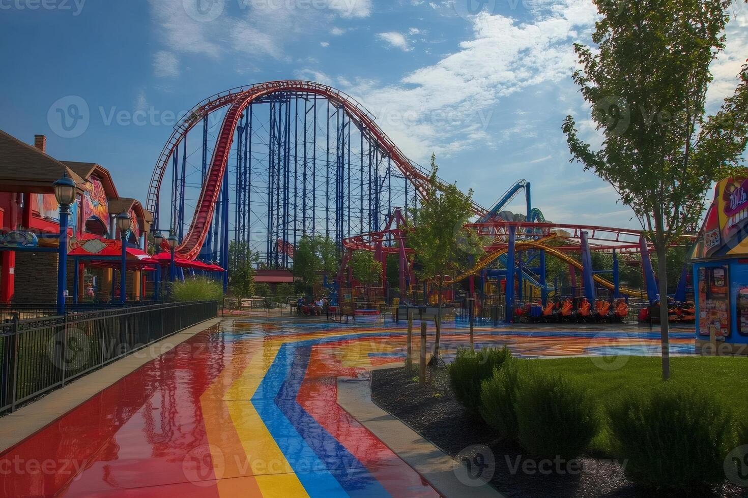 Rollercoaster dominating skyline of amusement park on sunny day photo