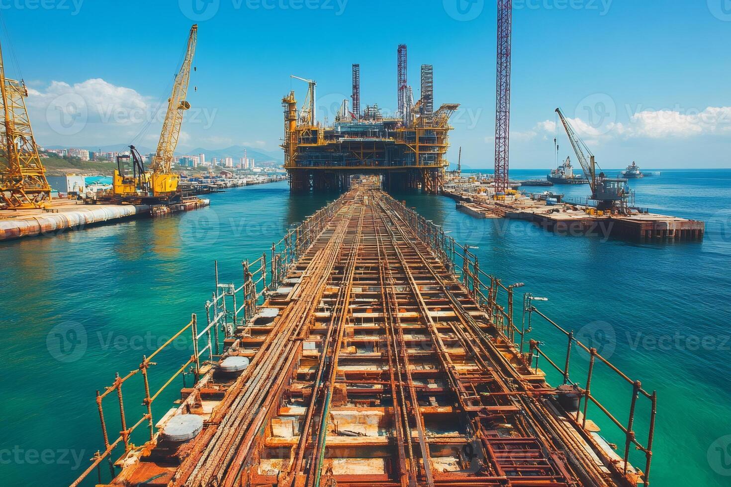 Rusty temporary jetty leading to offshore oil rig platform under construction photo