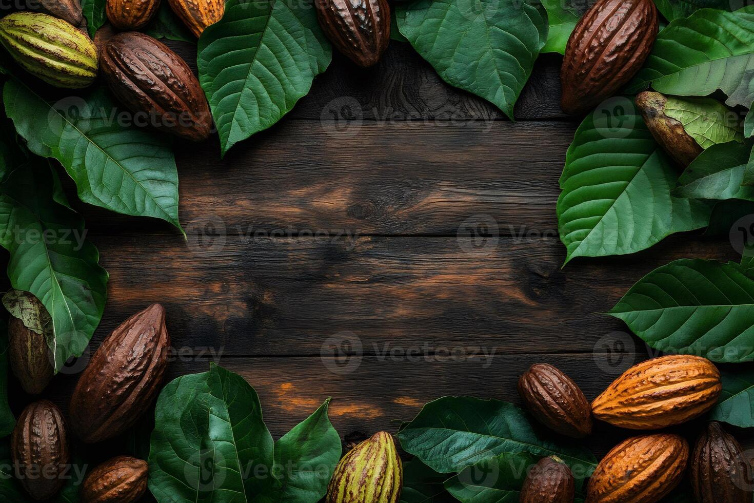 Cocoa pods and leaves creating a frame on dark wooden table photo