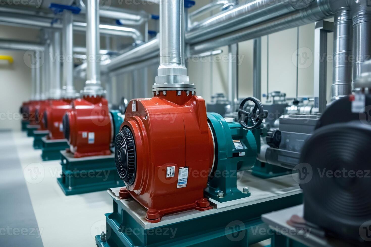 Red industrial pumps with metal pipes in a modern factory photo
