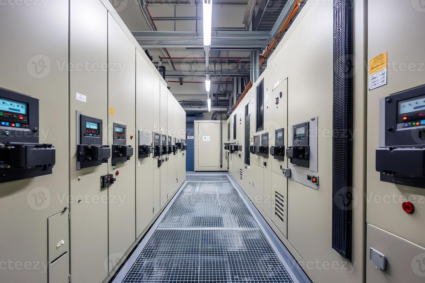 Electrical panels distributing power in server room with metal floor photo