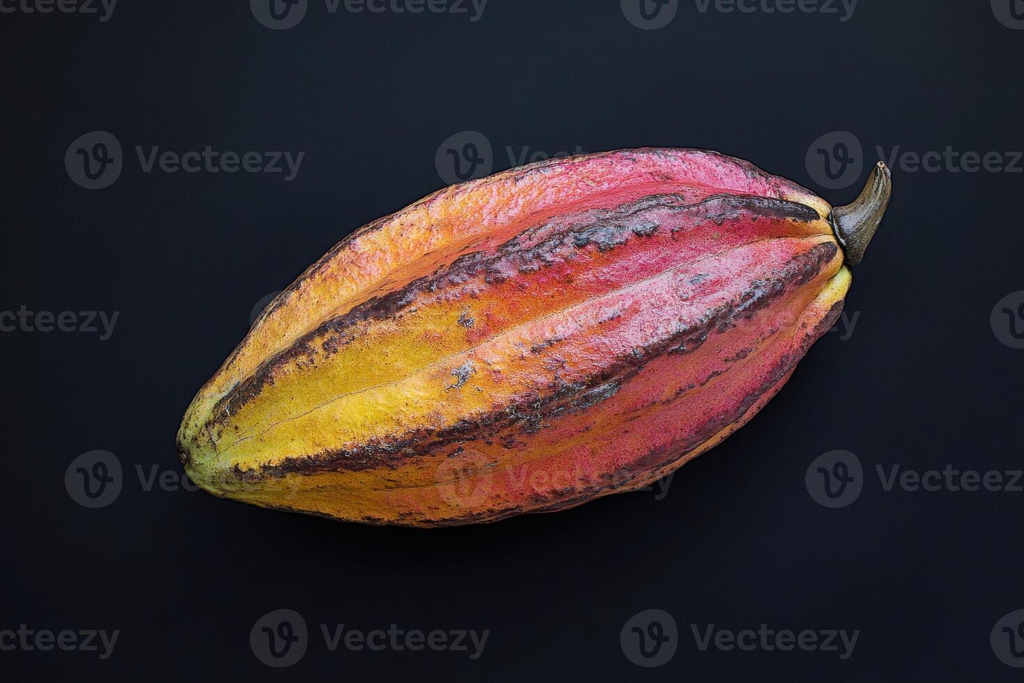 Fresh cocoa pod showing vibrant colors on dark background photo