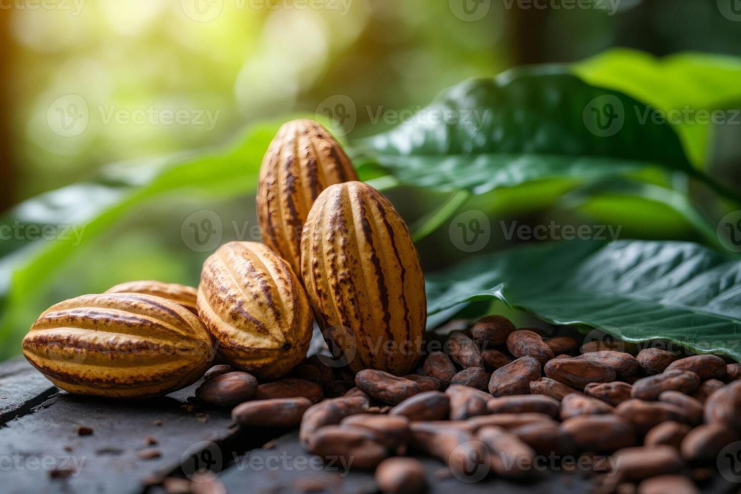 Fresh cocoa pods and beans with leaves on wooden table in the sunlight photo
