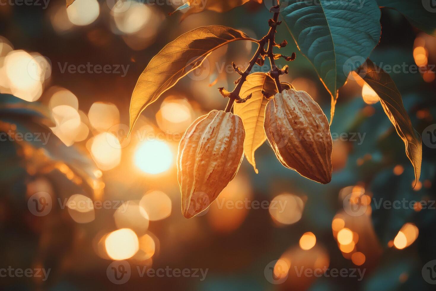 Cacao pods growing on a cacao tree at sunset with bokeh effect photo