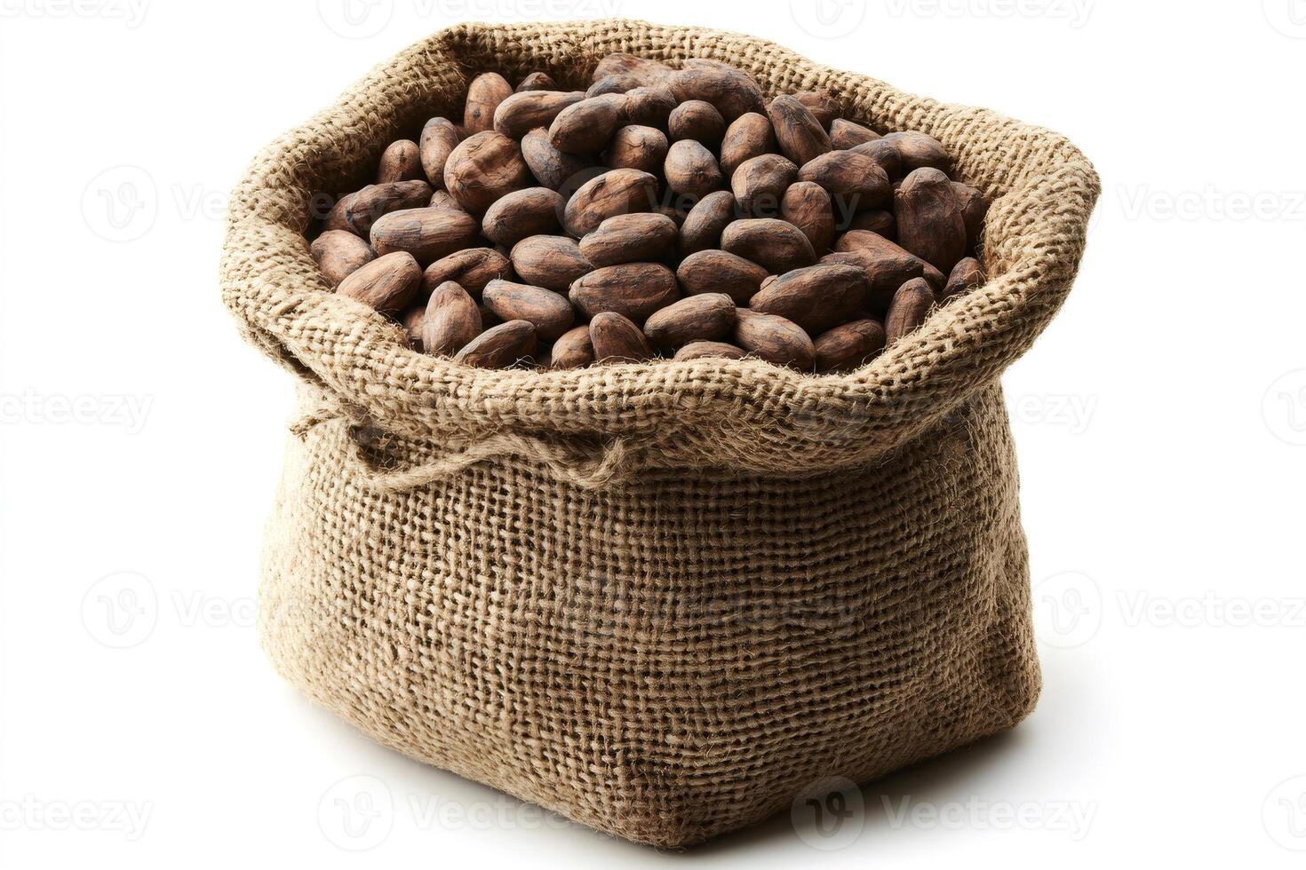 Burlap sack overflowing with aromatic cocoa beans on white background photo