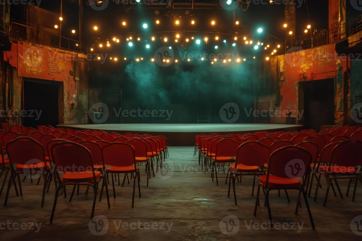 Empty vintage theatre with red chairs and stage lighting waiting for the show photo