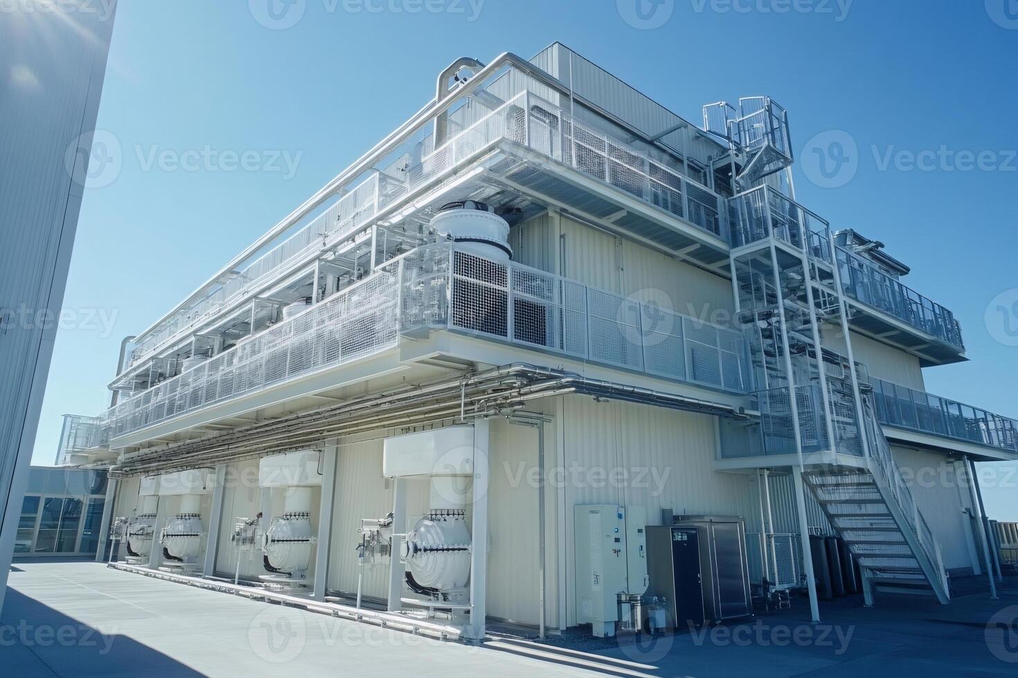 Industrial building exterior featuring complex piping and metal structures on rooftop under blue sky photo