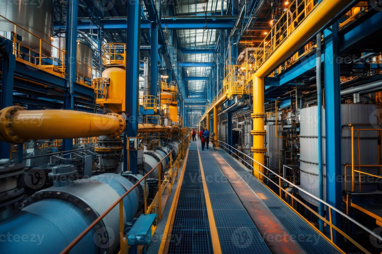 Engineers inspecting pipeline system in modern industrial factory photo