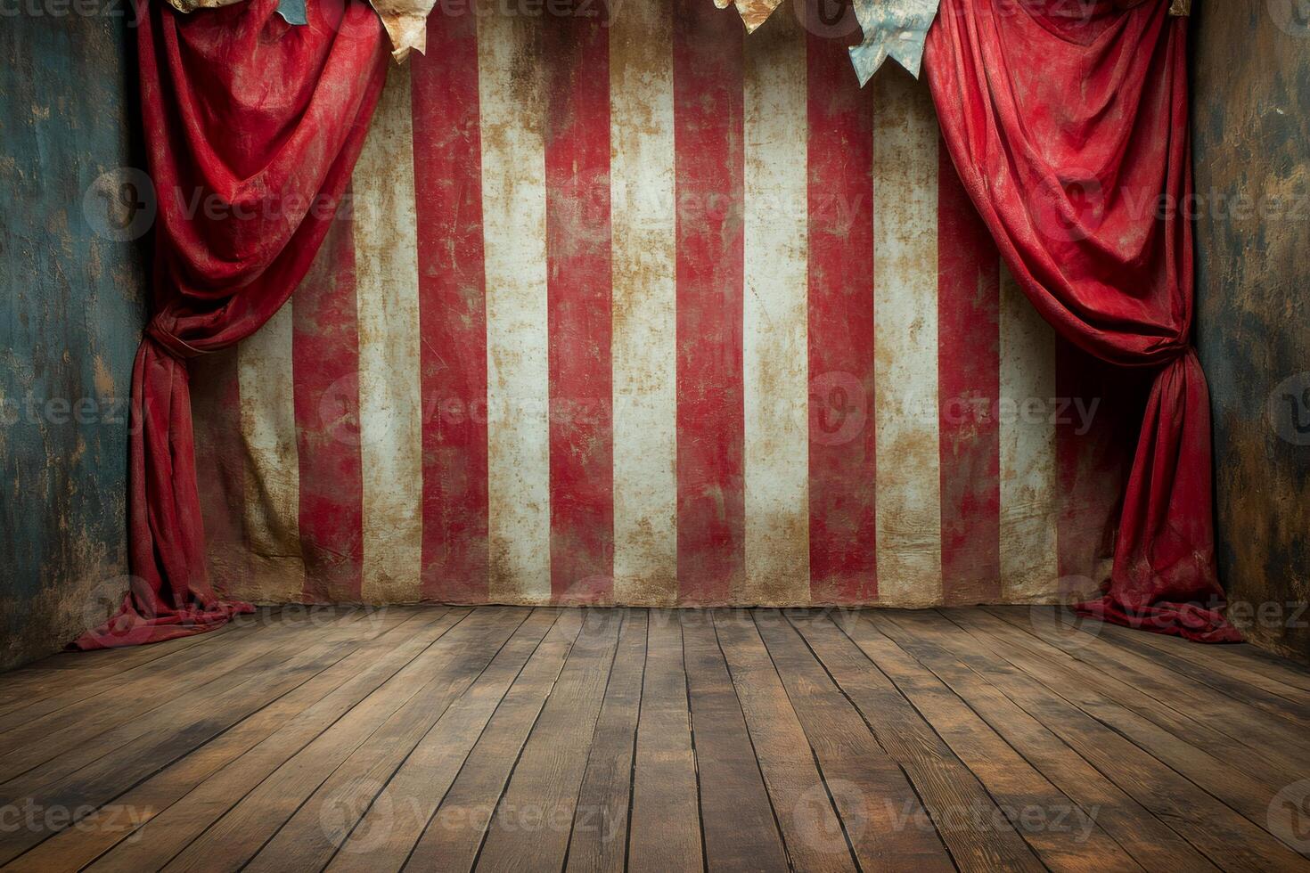 Vintage circus tent with red and white striped backdrop and wooden floor photo