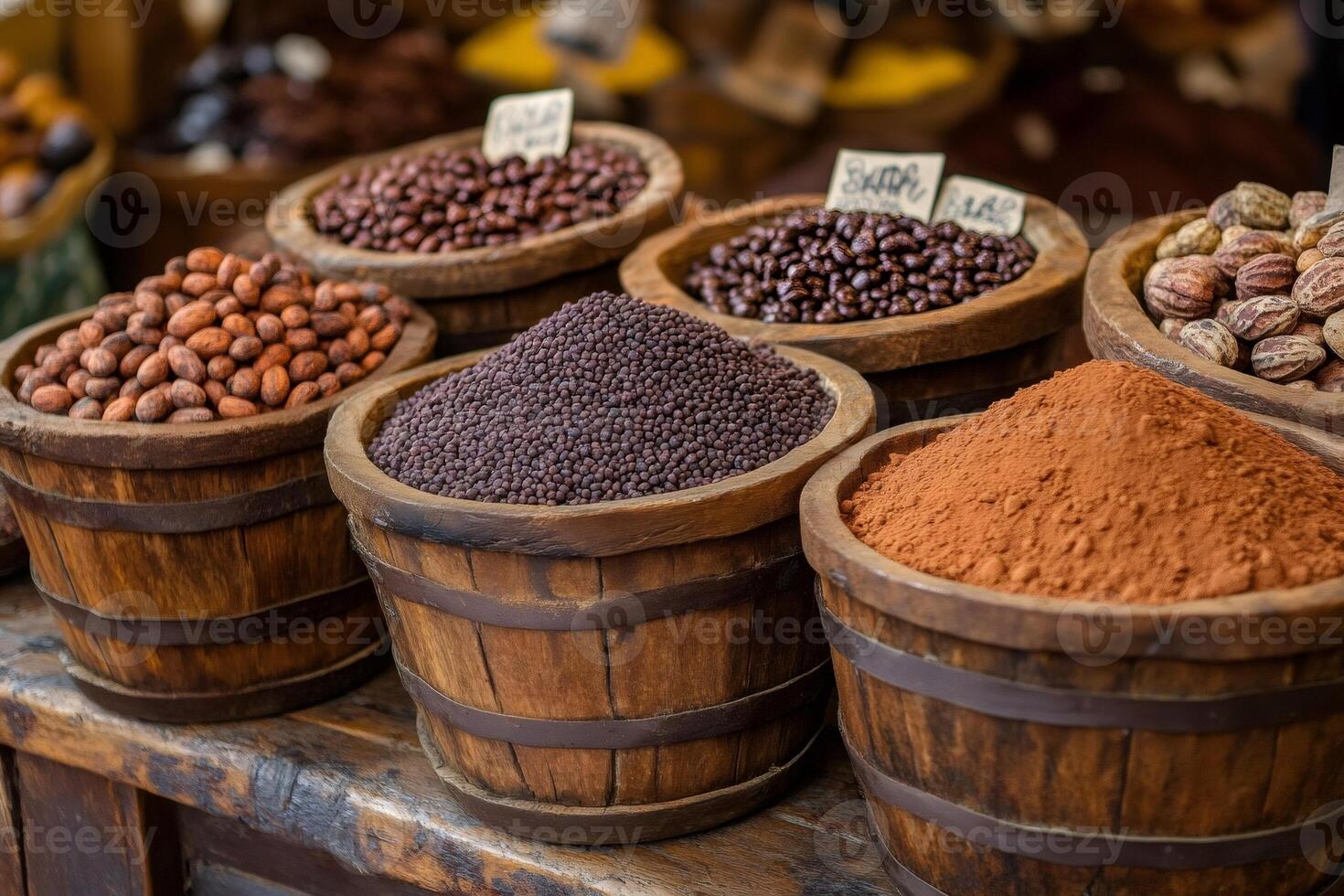 Wooden buckets overflowing with cocoa beans, cocoa powder, and chocolate treats at market stall photo