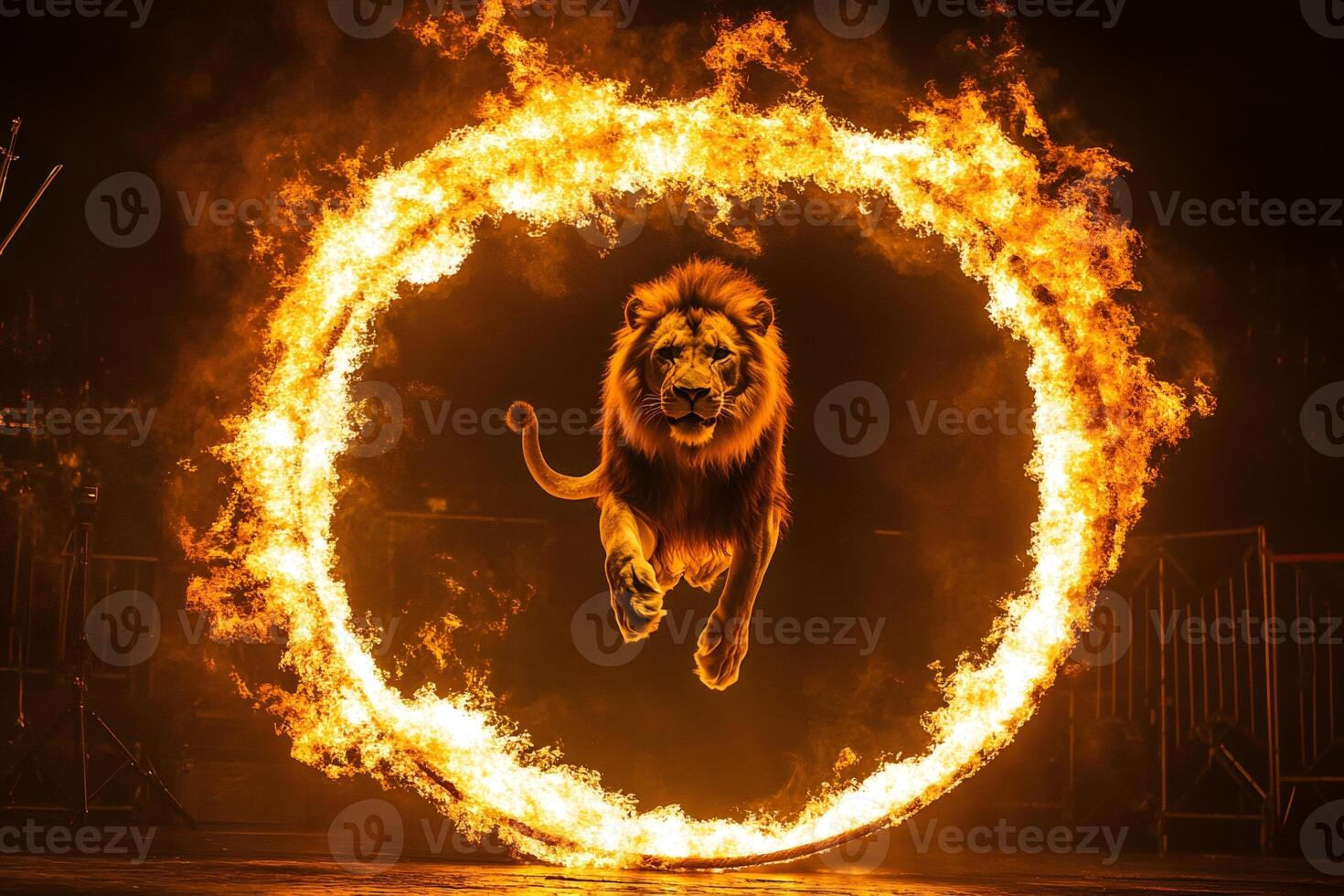 Lion jumping through flaming hoop in circus show photo