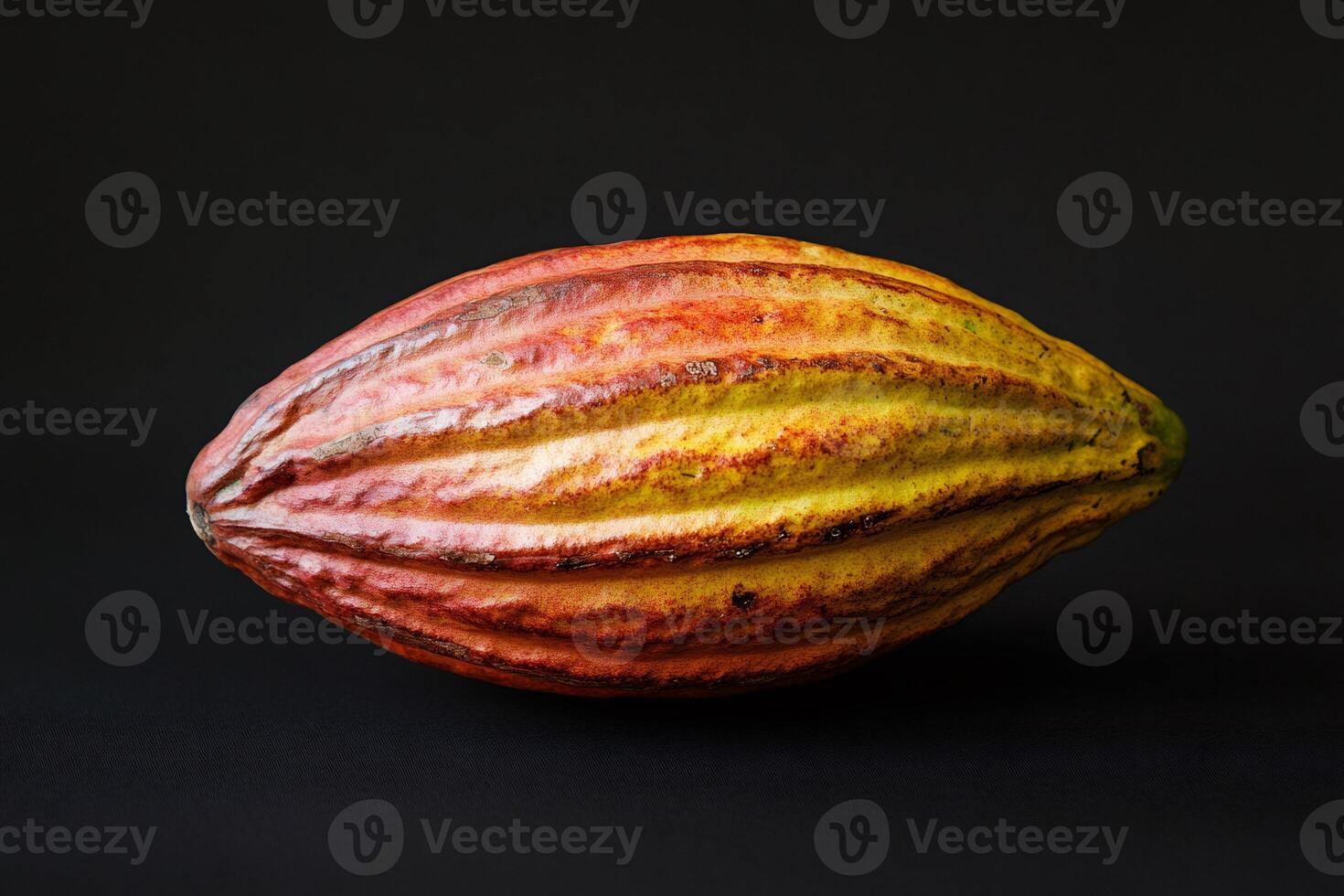 Ripe cocoa pod resting on a dark background photo