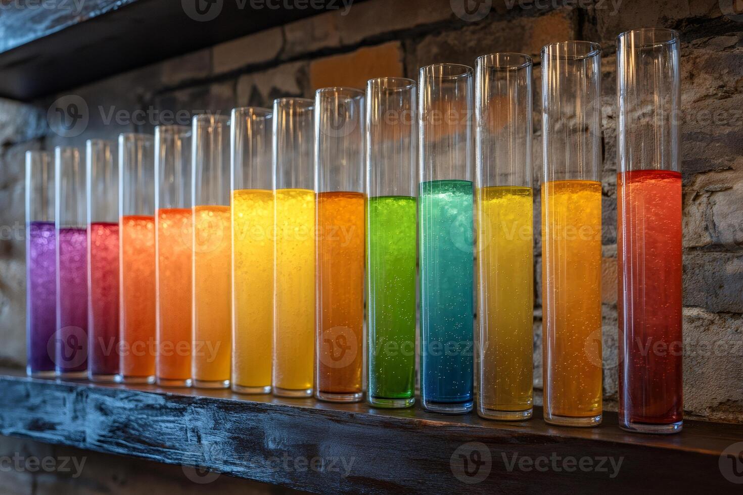 Test tubes filled with colorful liquids creating a rainbow effect on a shelf photo