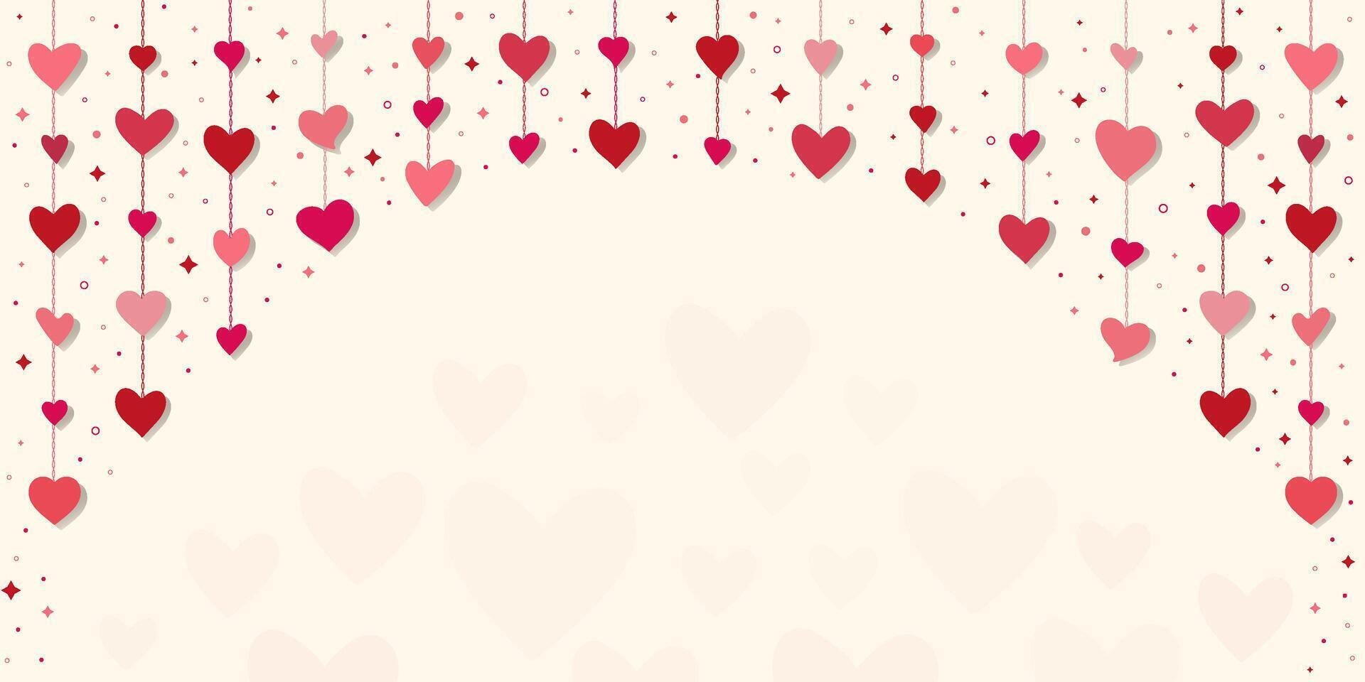 Festive border with Red hearts garland. Valentine's day decoration for poster, card, invitation. Hanging hearts border with place for text. vector