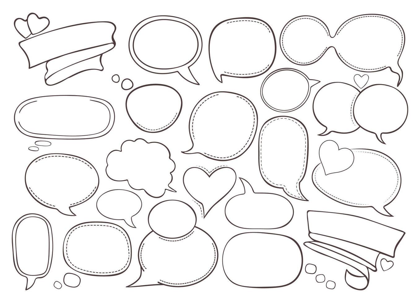 Speech bubbles for comics text. Blank talking bubbles, message box for poster, banner, books, web design. Chatting box in heart shape. vector