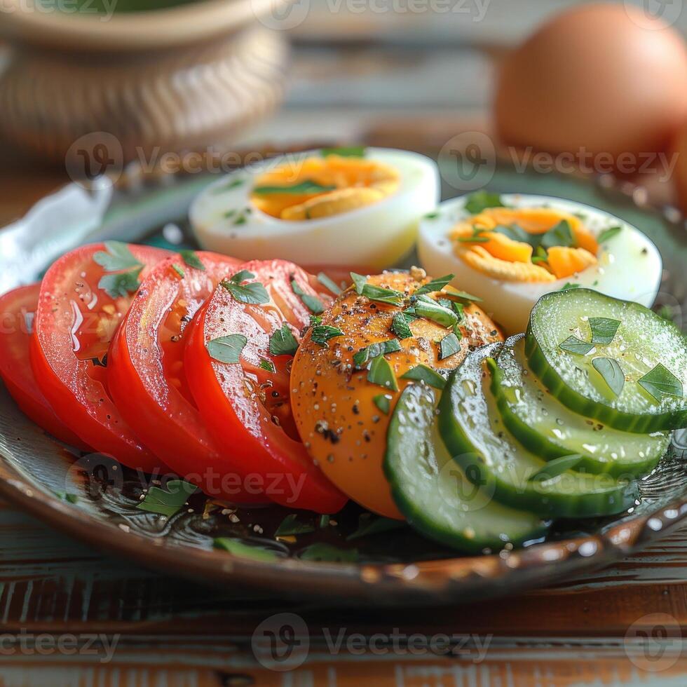 A close-up view of a plate with sliced tomatoes, cucumbers, and boiled eggs photo