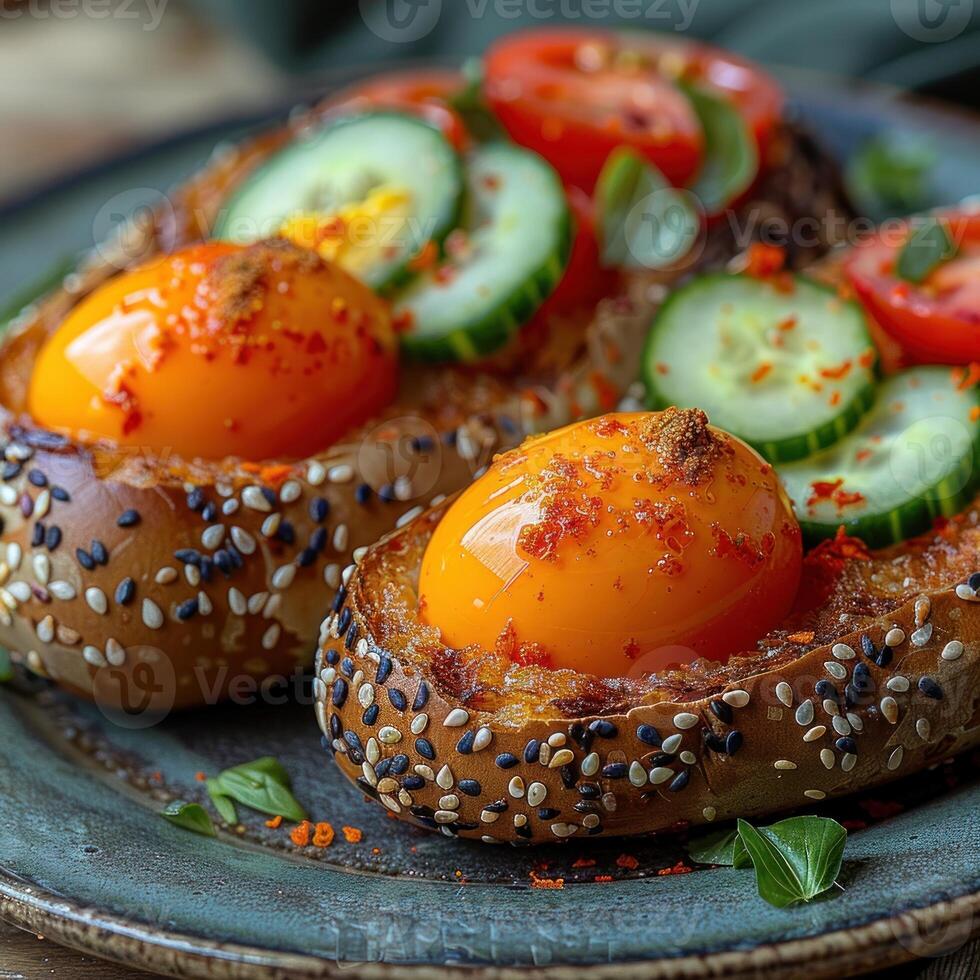 Close-up of two eggs baked in toasted bread with cucumber and tomato slices photo