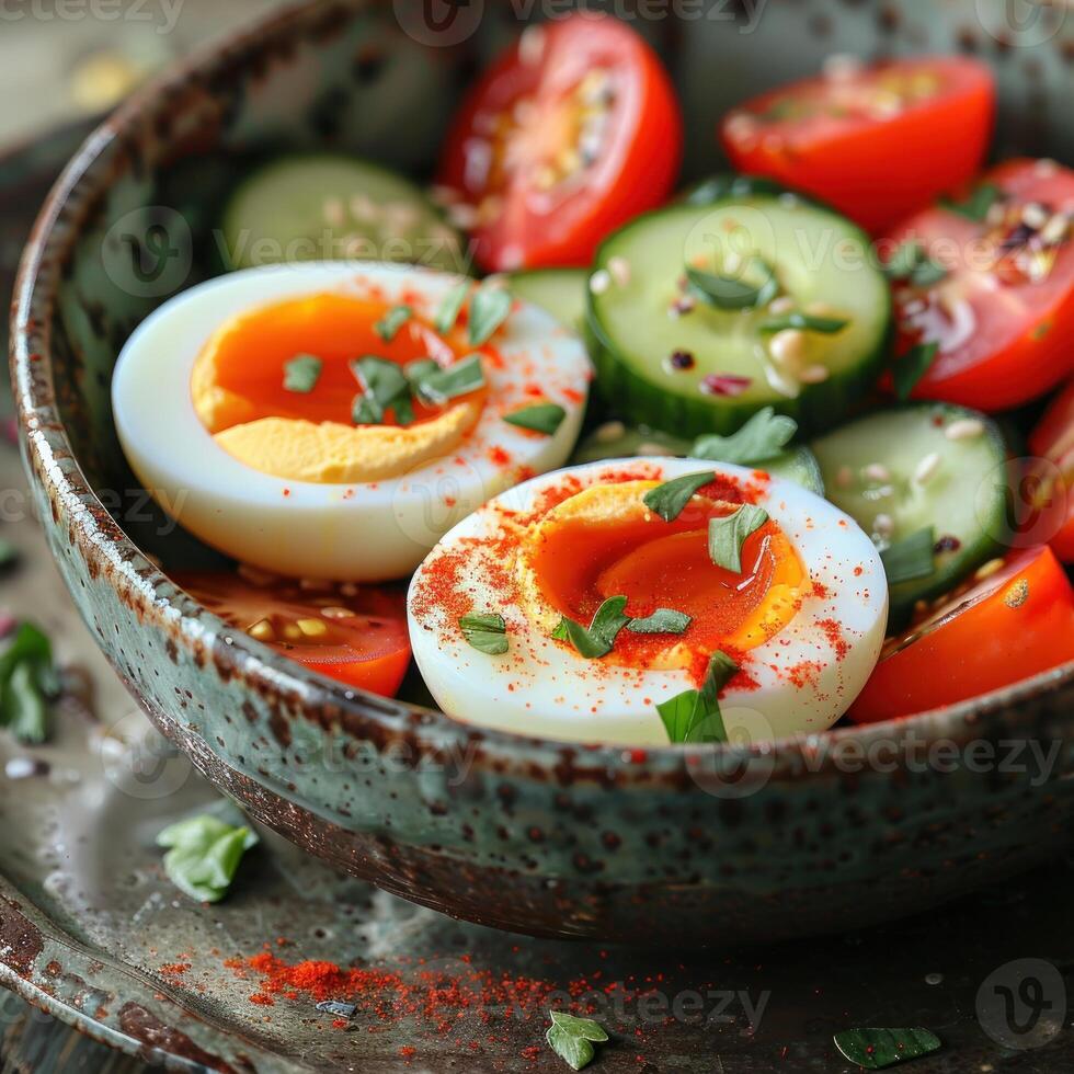 Close-up of a bowl of sliced eggs, tomatoes, and cucumbers photo